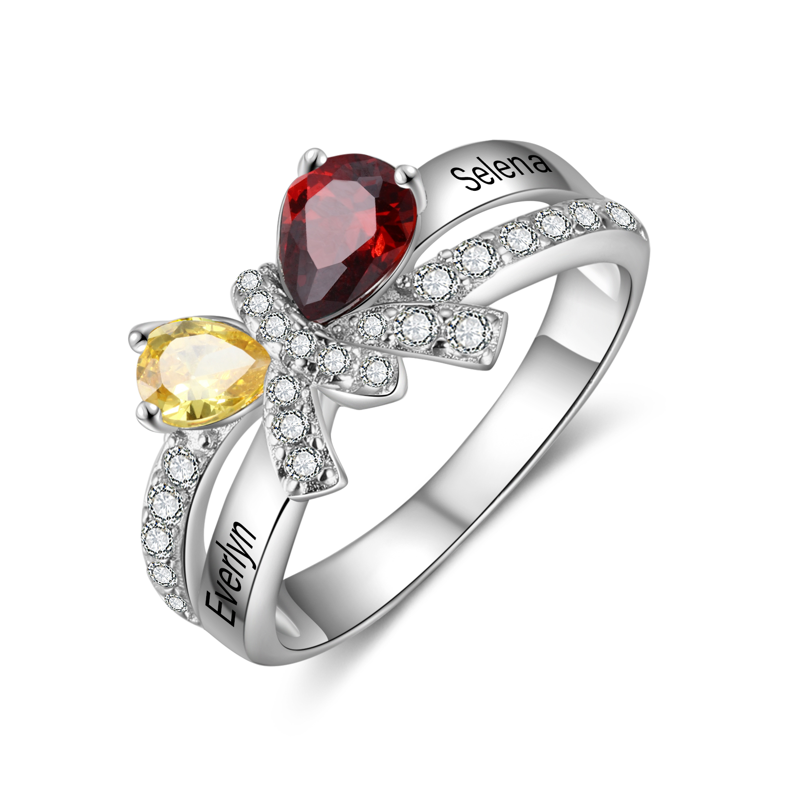 Personalised Butterfly Ring With 2 Birthstones Engraved Names Ring Gifts For Her-Jessemade AU