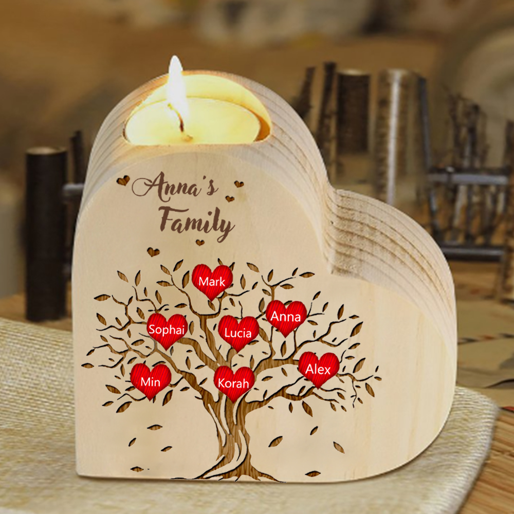 To My Family Wooden Heart Candle Holder Custom 7 Names Family Tree Candlesticks-Jessemade AU