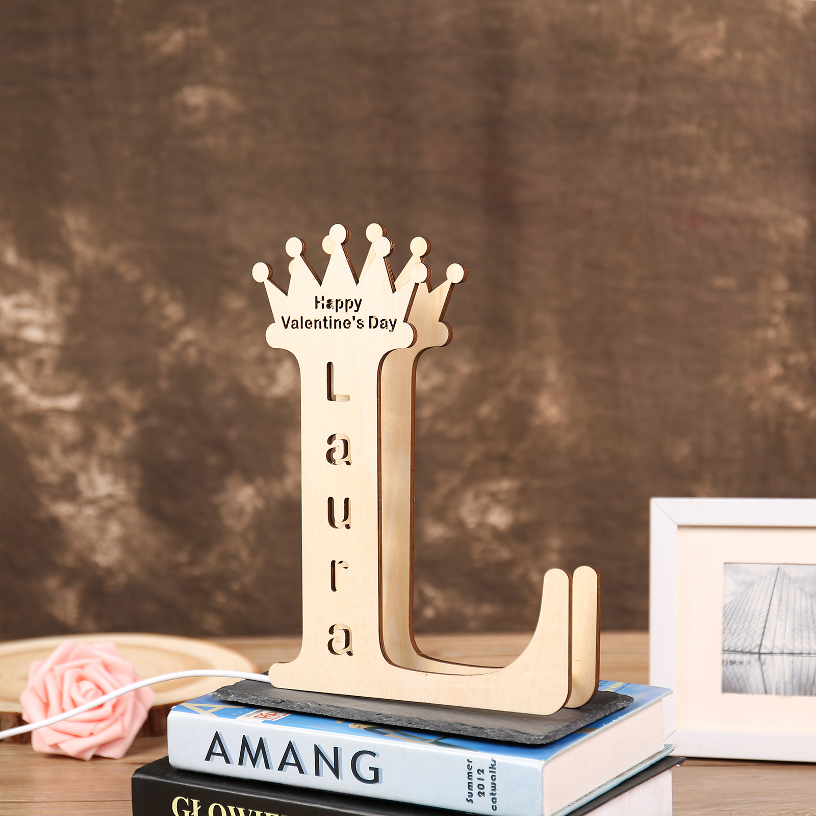 Personalised Happy Valentine's Day Night Light Engraved Wood Lamp-Jessemade AU