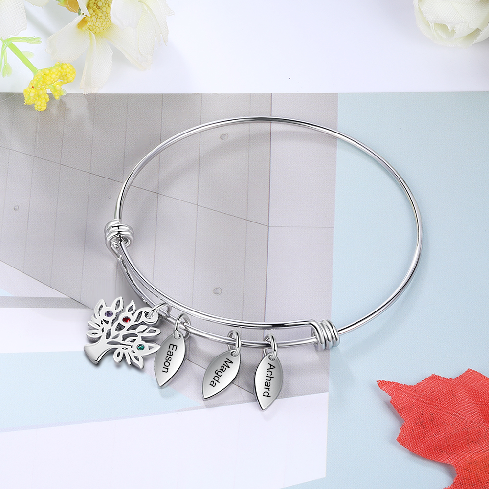 Personalised Family Tree Bracelet with 4 Birthstones Leaf Charms Bangle for Her-Jessemade AU