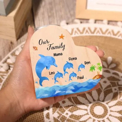 Family Dolphin Heart Candle Holder Personalised Wooden Candlestick Custom 5 Names-Jessemade AU