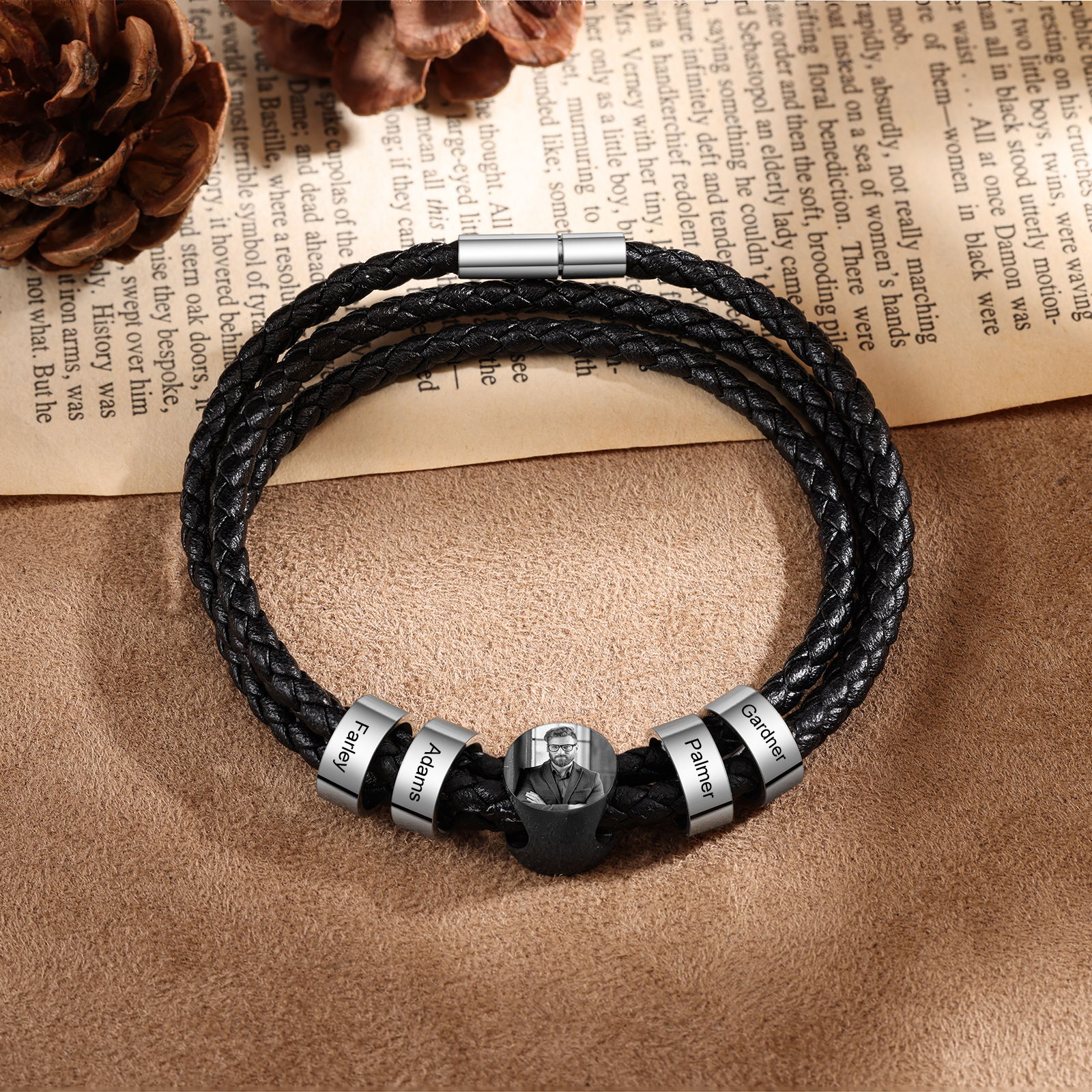 Personalised Photo Bracelet with 4 Names Leather Bracelet Beaded Wrap Bracelet-Jessemade AU