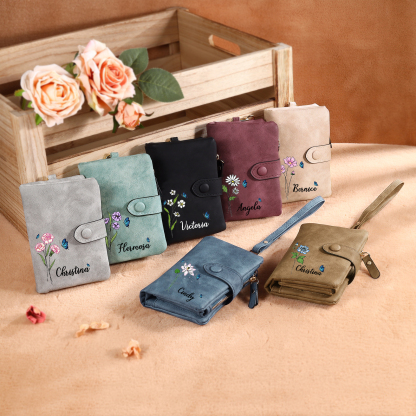 Personalised Women's Leather Wallet Custom Birthday Flower & Name & Photo Wallet Gift for Her