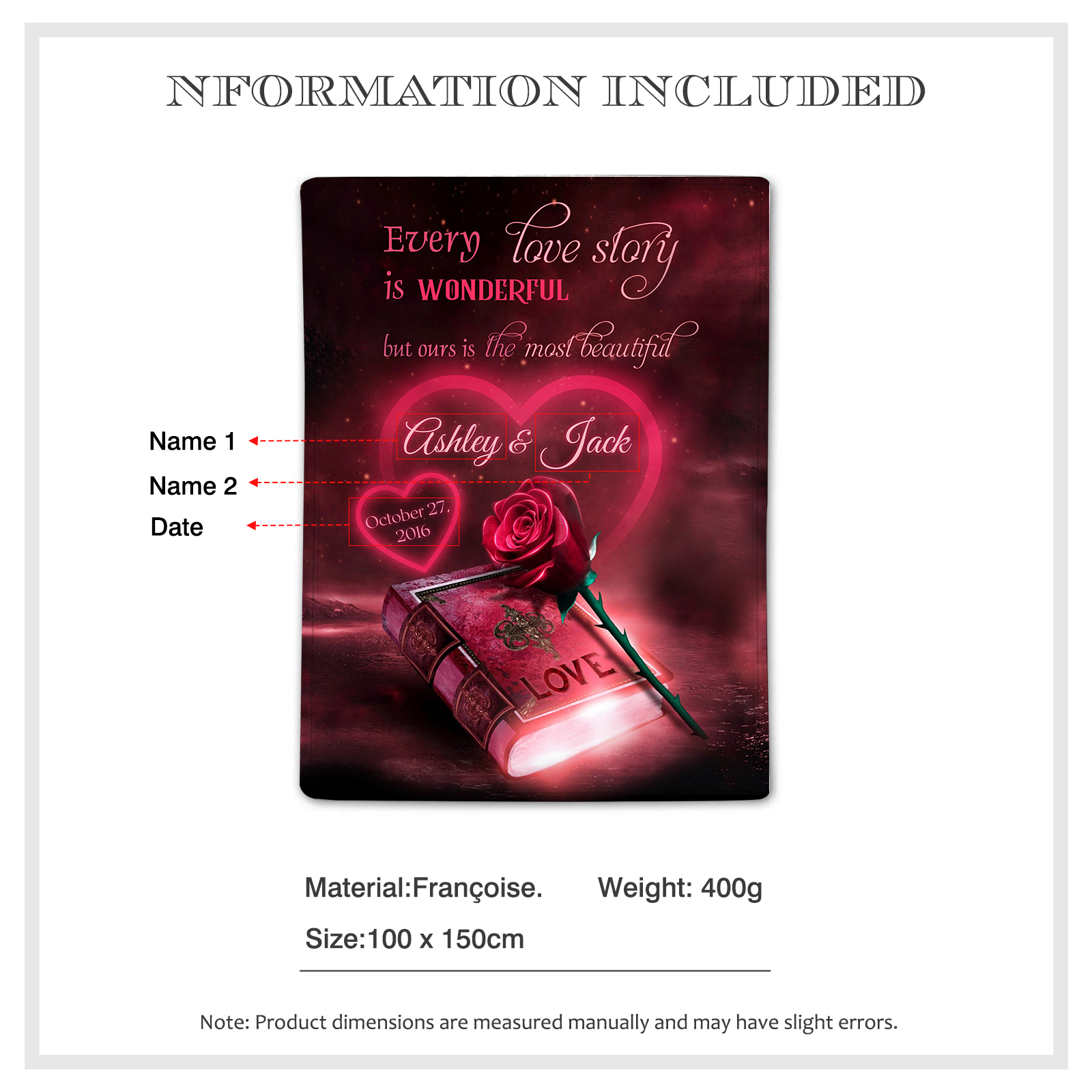 Personalised Couple Blanket Customised 2 Names & Date Blanket Rose Valentine's Day Anniversary Gift for Couples-Jessemade AU