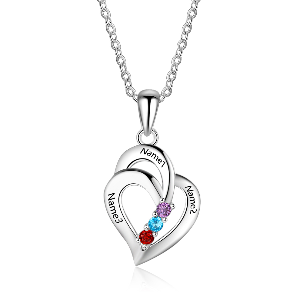 Personalised Heart Necklace With 3 Birthstones Engraved Names Gift For Her-Jessemade AU