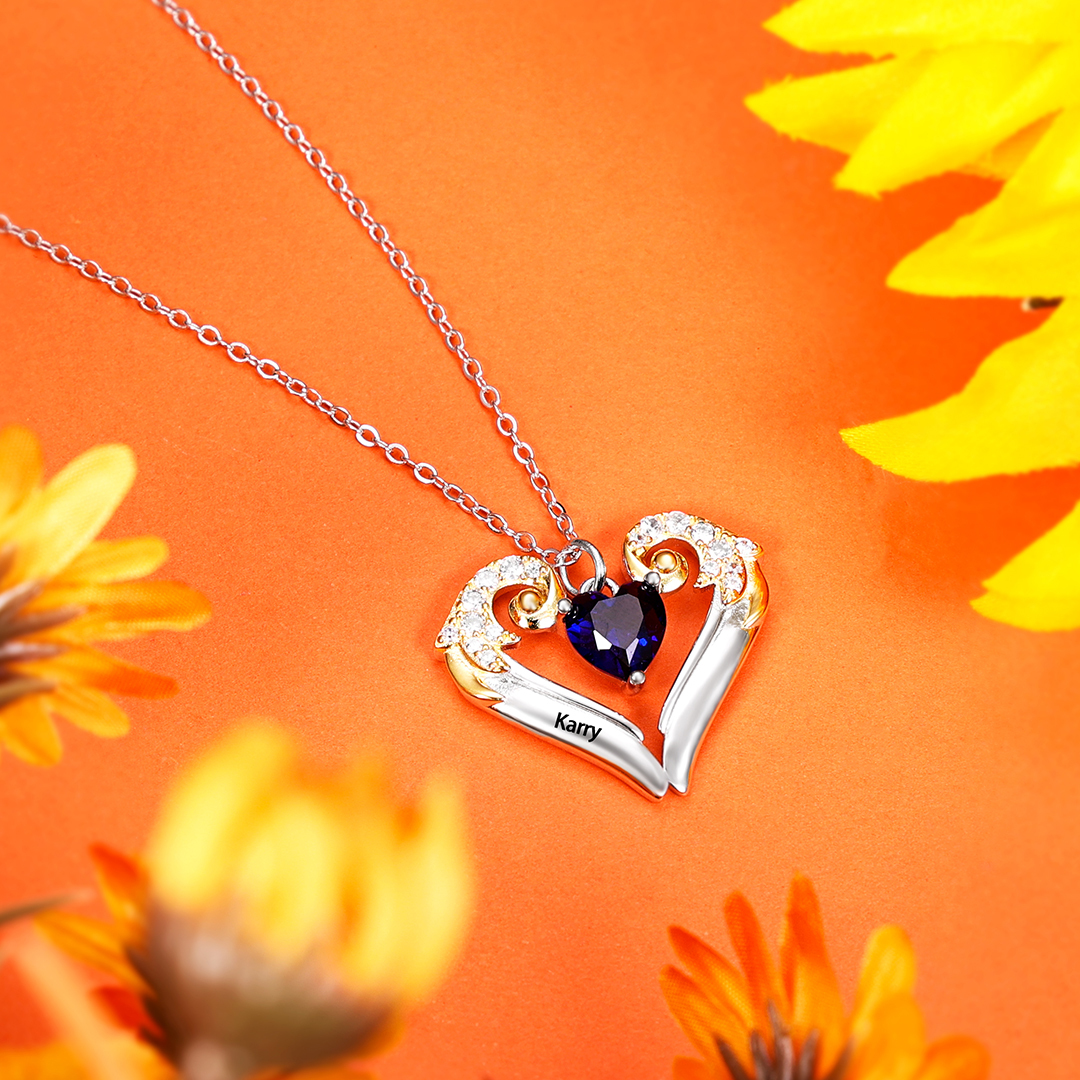 Personalised Heart Wings Necklace With 2 Birthstones Engraved Names Best Gift For Her-Jessemade AU