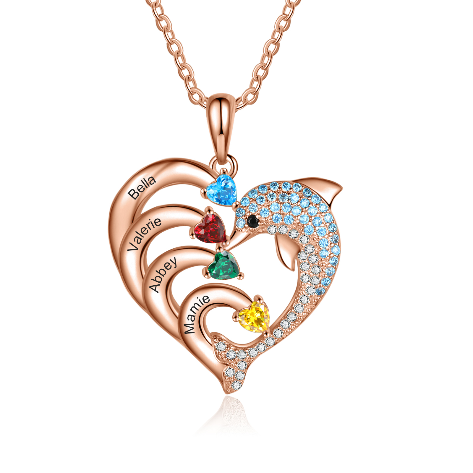 Personalised Heart Dolphin Necklace With 4 Birthstones Engraved Names Gift For Mum-Jessemade AU