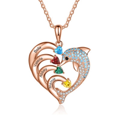 Personalised Heart Dolphin Necklace With 4 Birthstones Engraved Names Gift For Mum-Jessemade AU