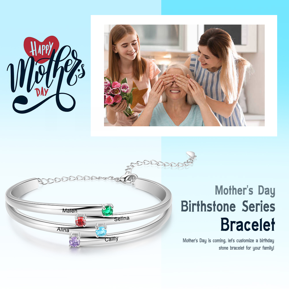 Personalised Bracelet With 4 Birthstones Engraved Names Bracelet Gift For Women-Jessemade AU