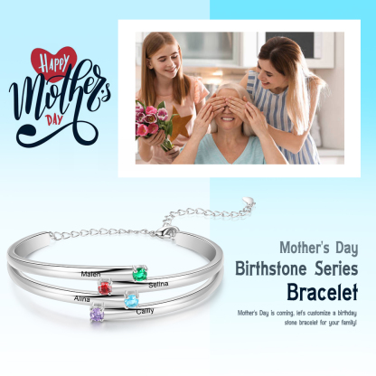 Personalised Bracelet With 4 Birthstones Engraved Names Bracelet Gift For Women-Jessemade AU