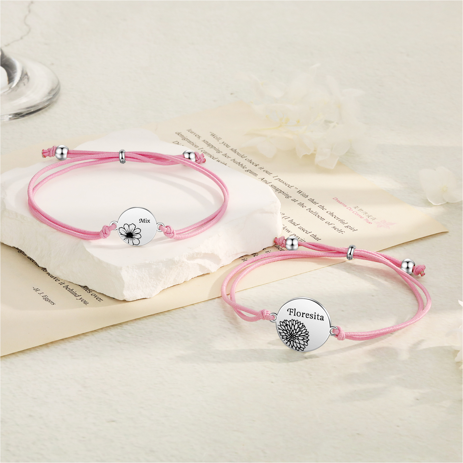 2 Pcs Bracelet Set Personalised Names & Birth Flowers Adjustable Bracelets with Message Card Back to School Gifts for Daughters-Jessemade AU