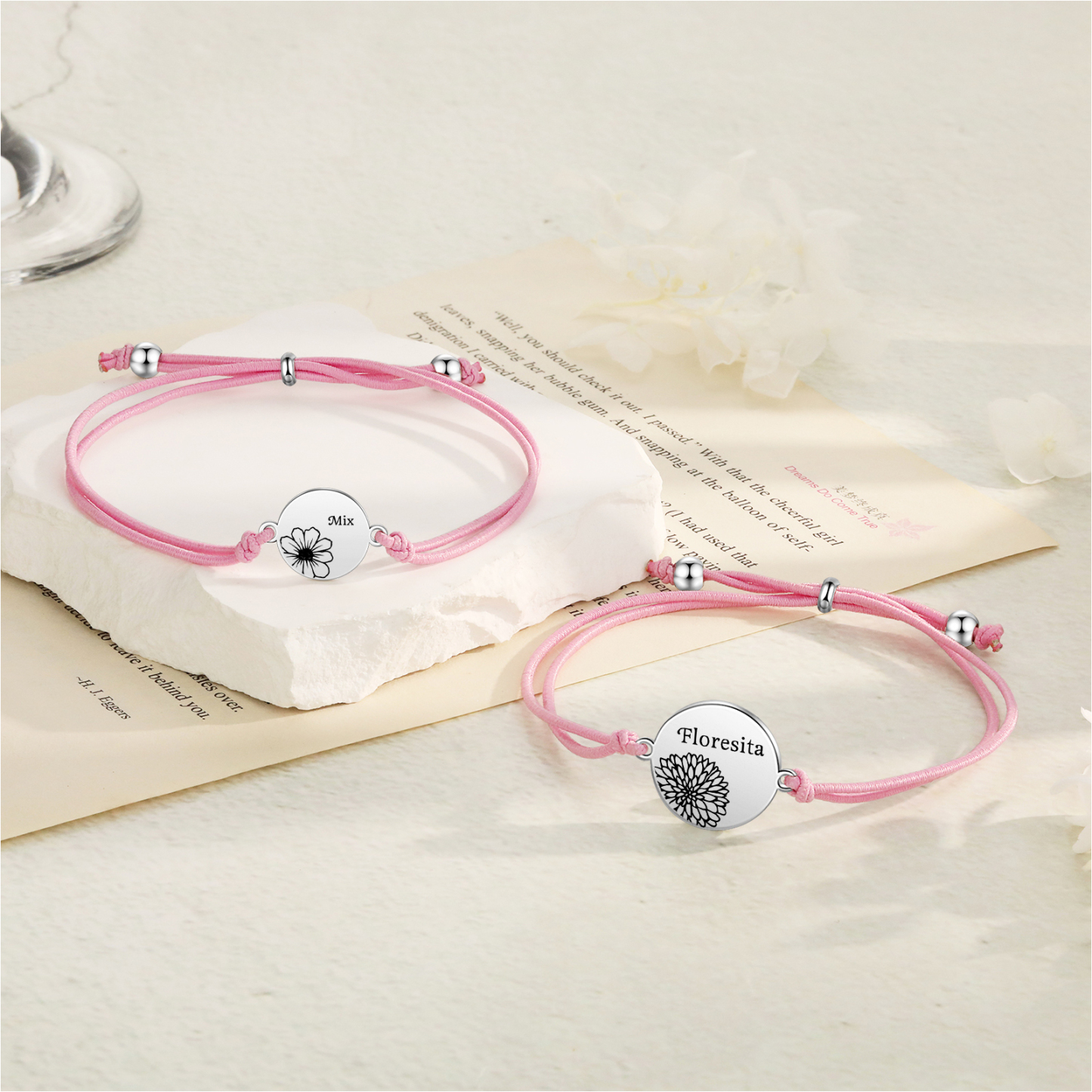 2 Pcs Bracelet Set Personalised Names & Birth Flowers Adjustable Bracelets with Message Card Back to School Gifts for Daughters-Jessemade AU