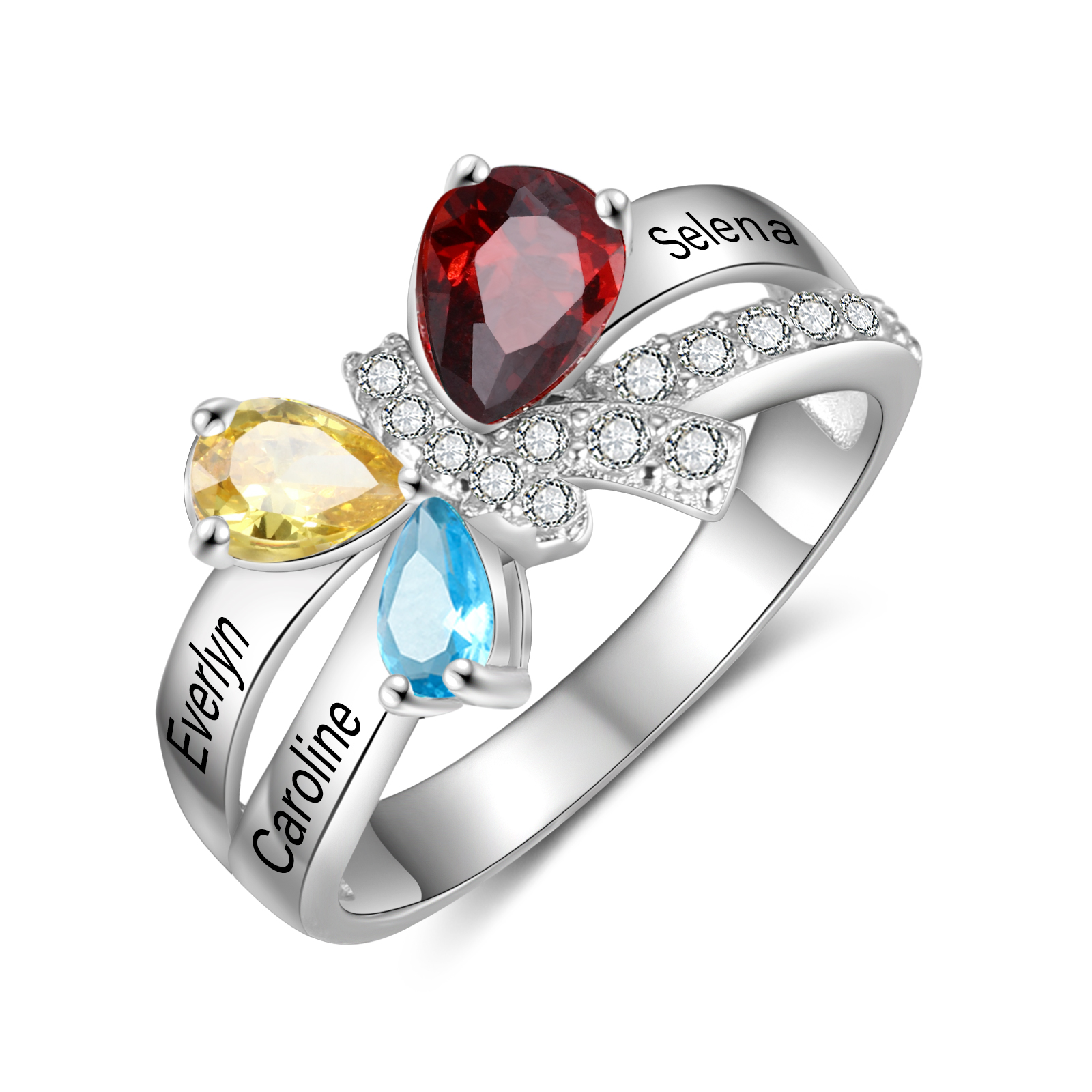 Personalised Butterfly Ring With 3 Birthstones Engraved Names Ring Gifts For Her-Jessemade AU