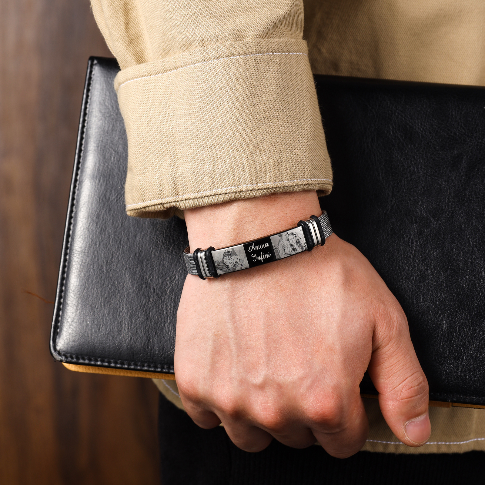 Personalised ID Bar Bracelet Engraved 2 Photos Men Women Bracelet-Jessemade AU