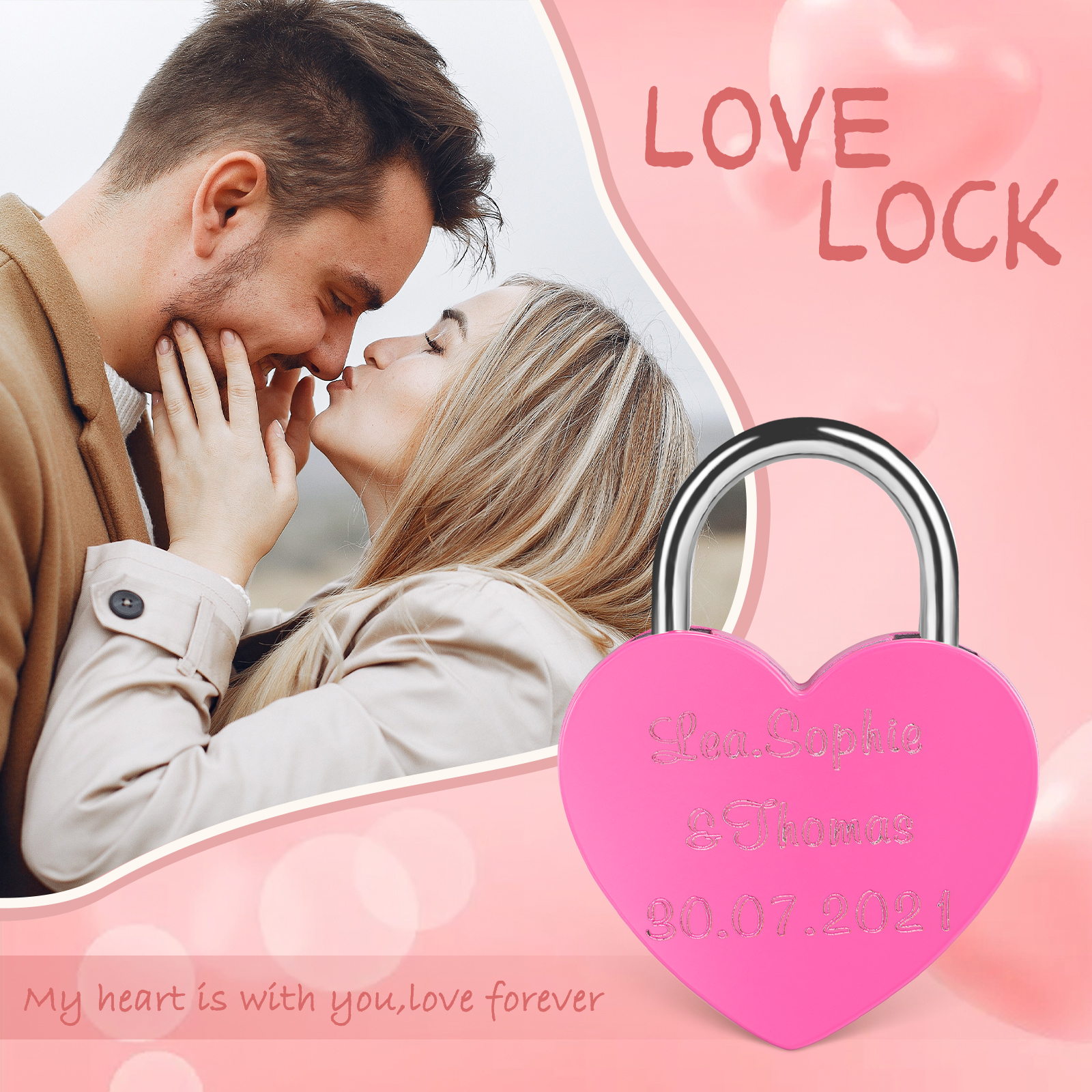 Personalised Heart Engraved Love Lock Custom Names Padlocks Gifts For Couple-Jessemade AU