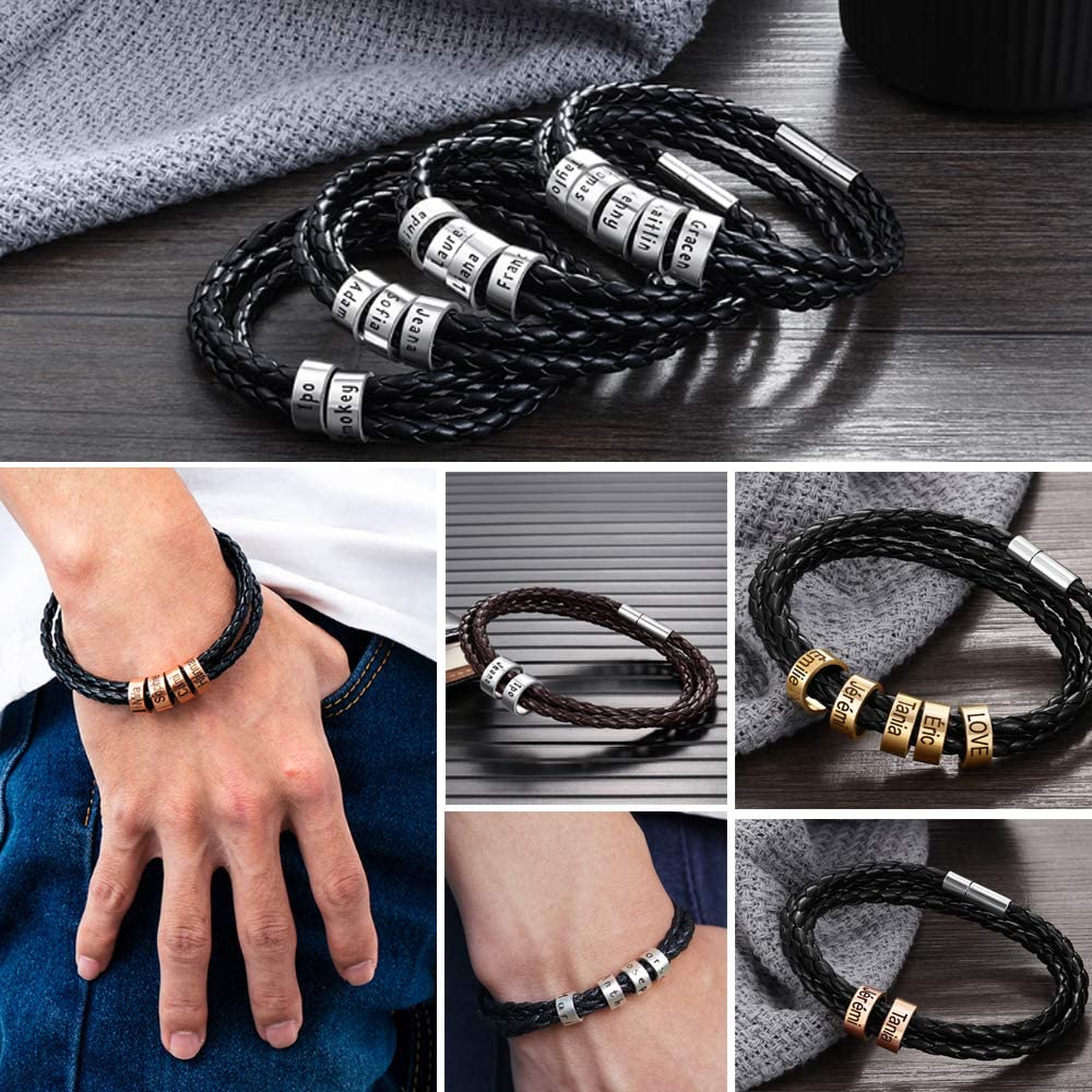 Father's Day Gift Men Braided Leather Bracelets with 2 Beads Bracelet Gifts for Him-Jessemade AU