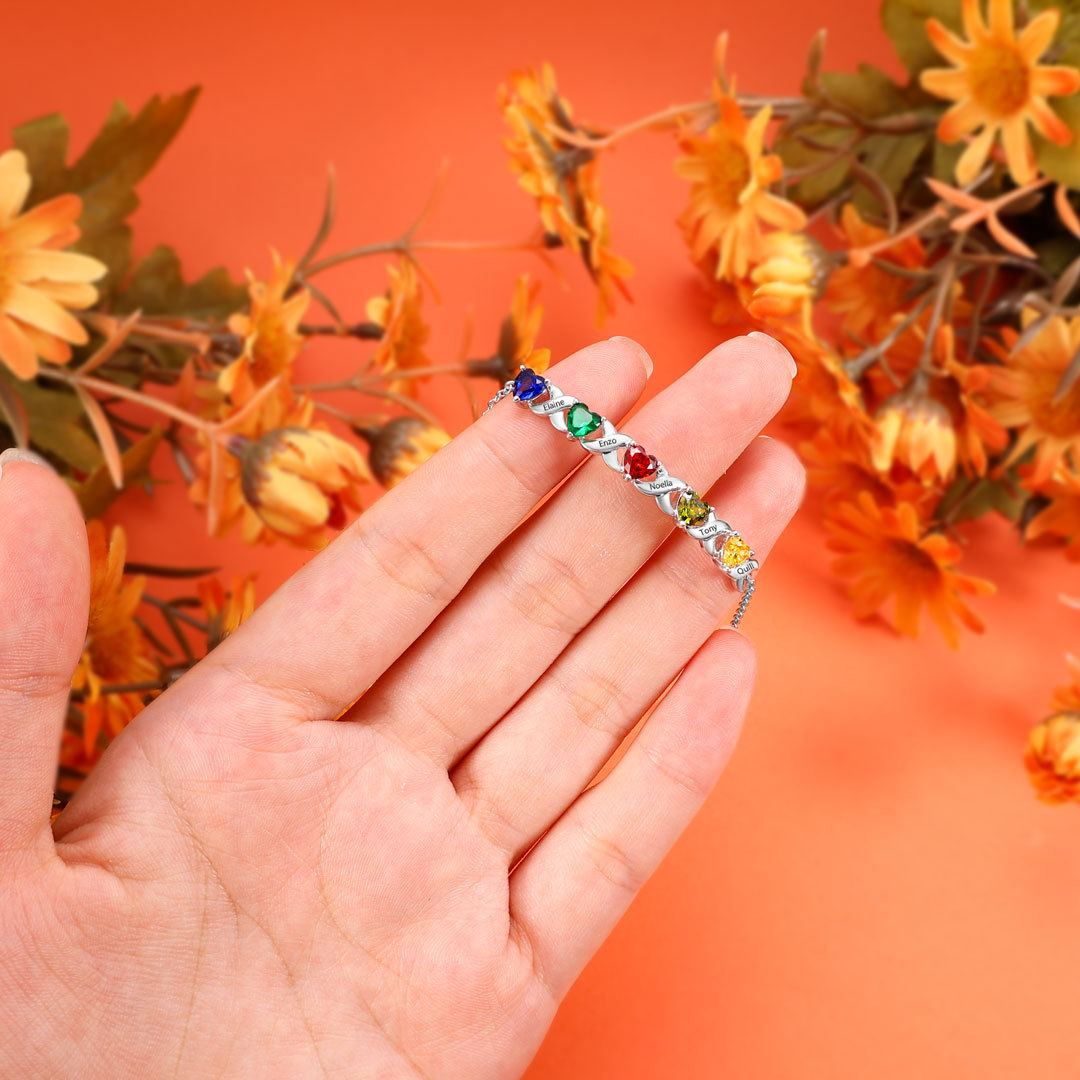 Personalised Bracelet With 6 Heart Birthstones Engraved Names Bracelet Gift For Women-Jessemade AU