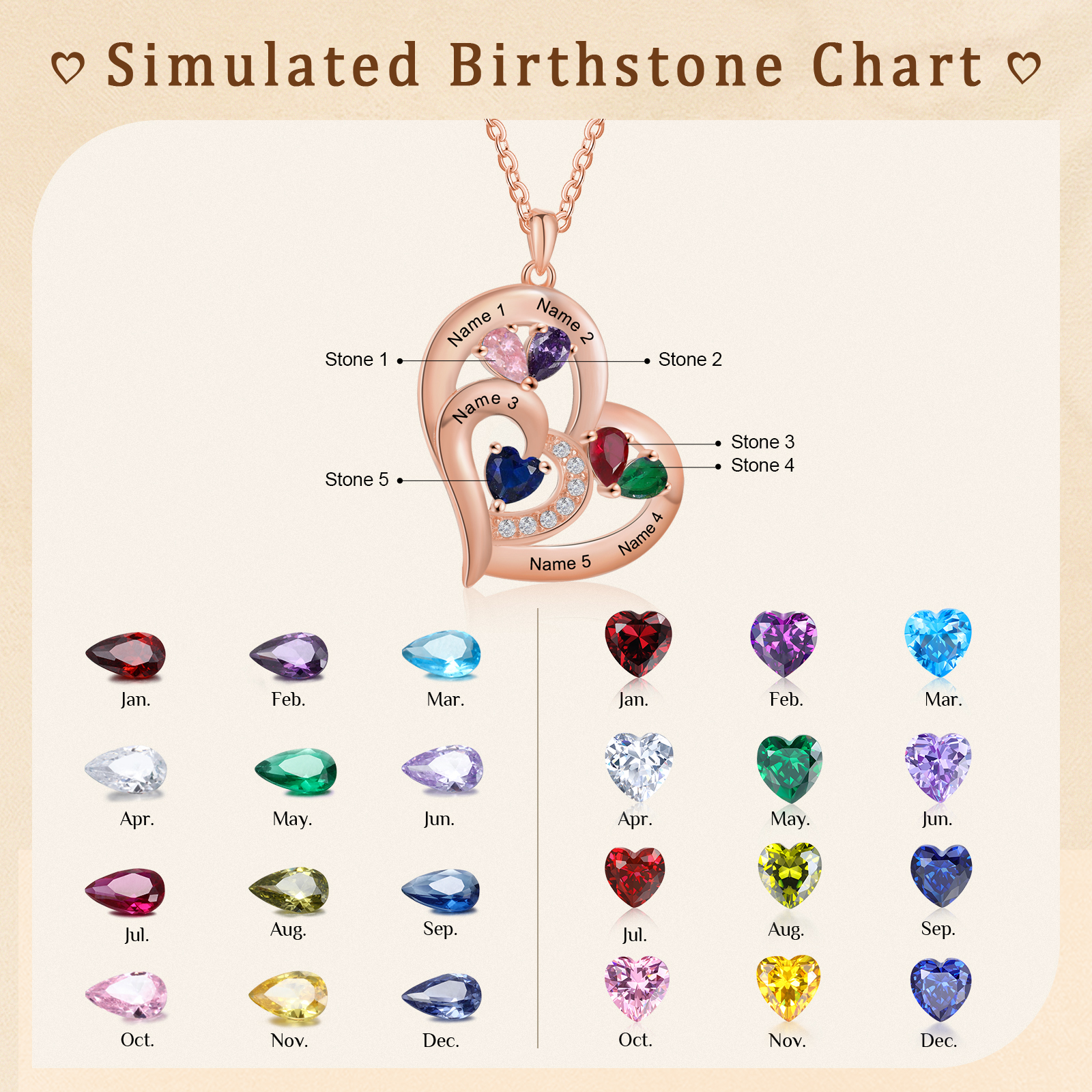 5 Names - Personalised Heart Pendant Necklace Customised Names & Birthstones Necklace Birthday Gift for Her-Jessemade AU