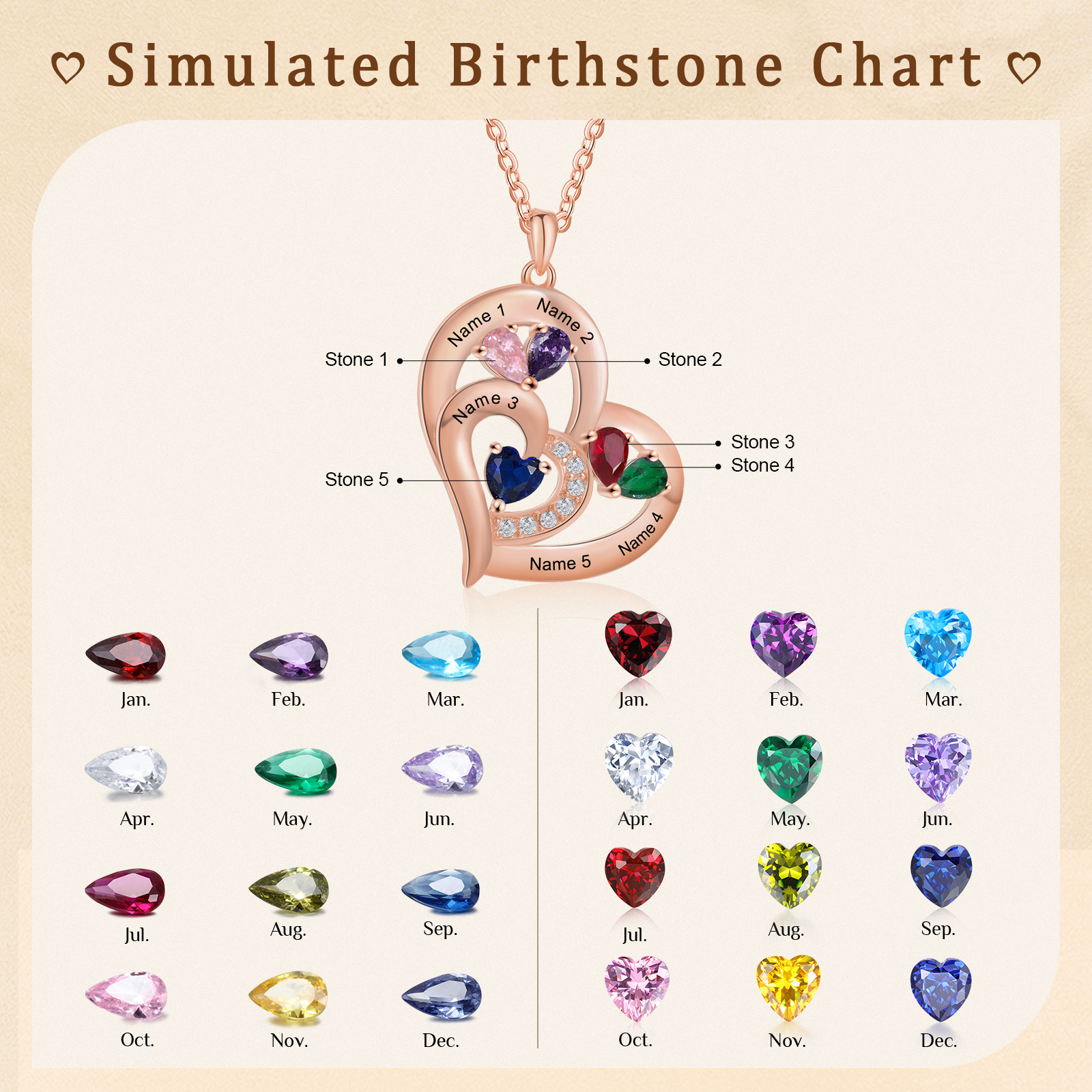 5 Names - Personalised Heart Pendant Necklace Customised Names & Birthstones Necklace Birthday Gift for Her-Jessemade AU