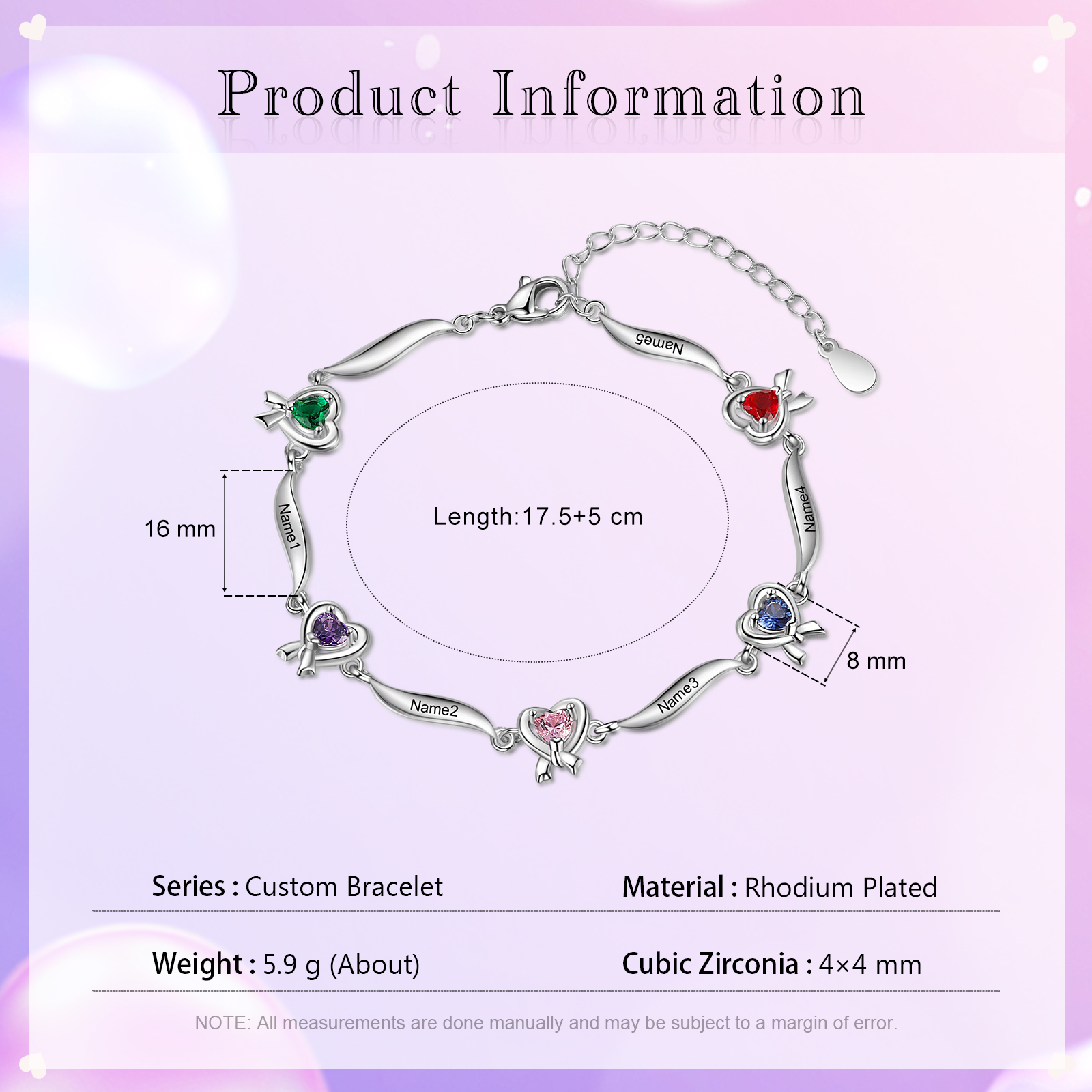 Personalised Heart Bracelet with 5 Birthstones Engraved Names Bracelet Gifts For Her-Jessemade AU