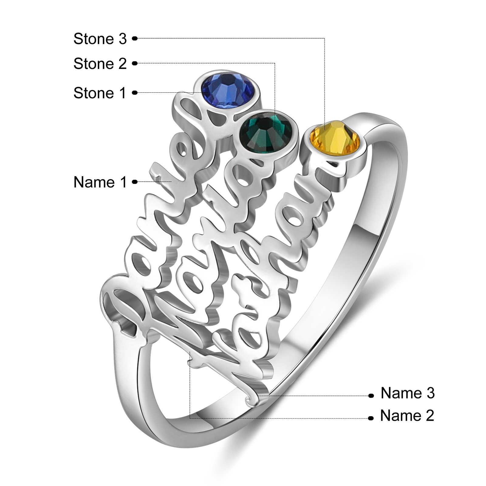 Personalised Birthstone Ring Custom 3 Names Ring Best Gift For Women-Jessemade AU