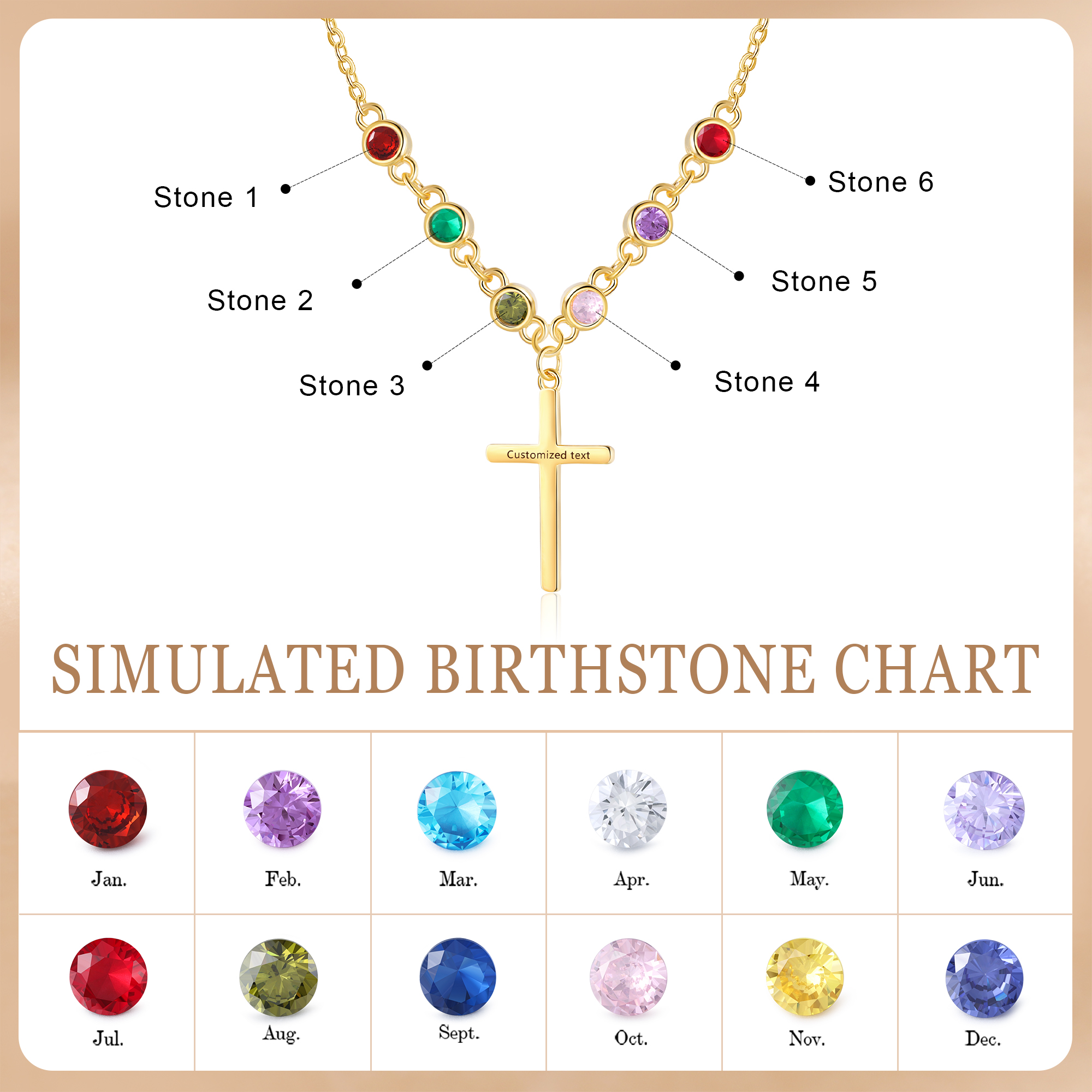 Personalised Cross Pendant Necklace Custom 6 Birthstones & 1 Text Necklace Birthday Gift for Her-Jessemade AU