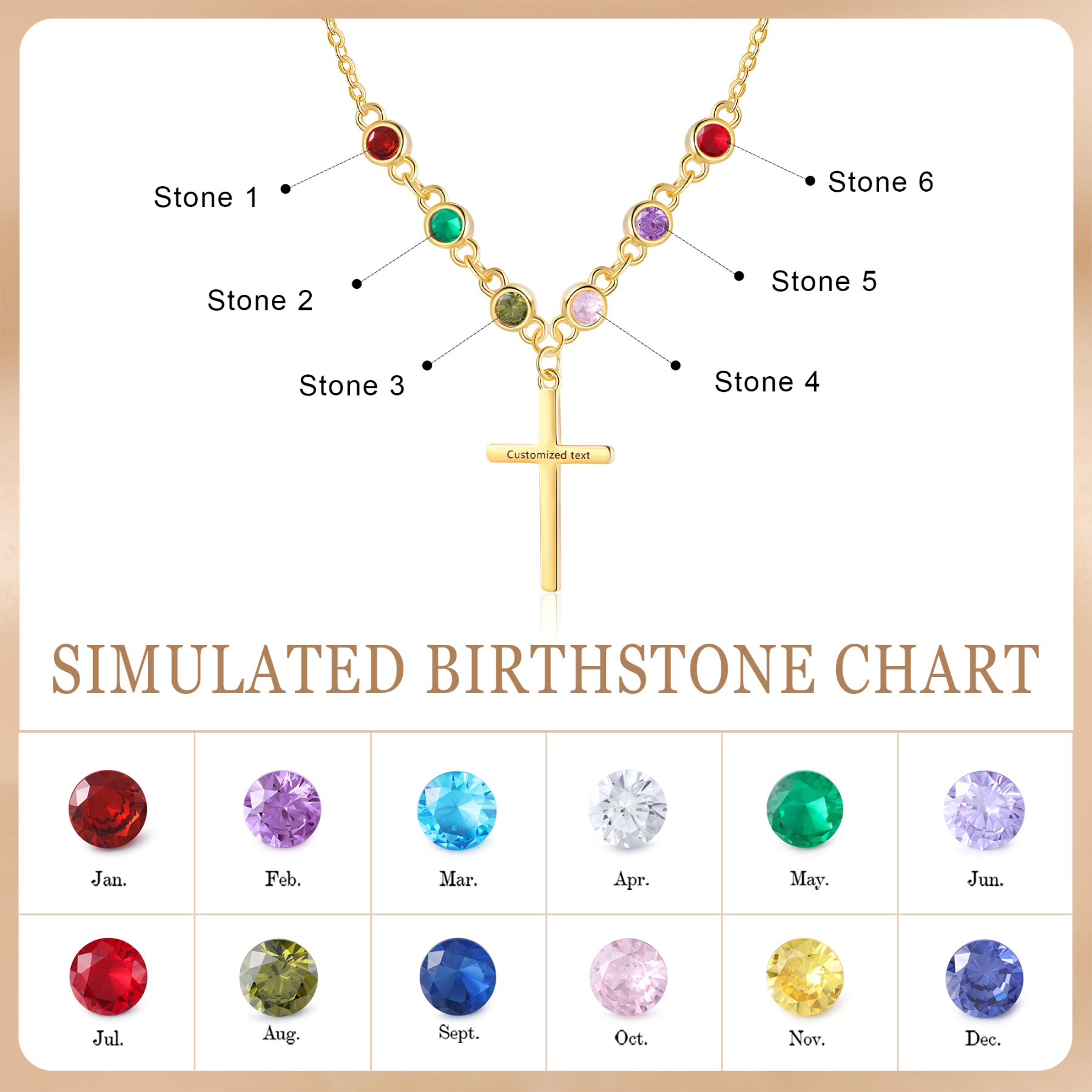 Personalised Cross Pendant Necklace Custom 6 Birthstones & 1 Text Necklace Birthday Gift for Her-Jessemade AU