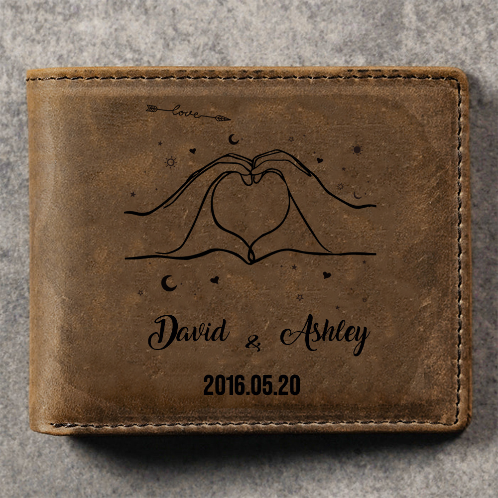 Personalised Leather Wallet Customised 2 Names & Date Wallet Heart Valentine's Day Gifts for Husband/Boyfriend-Jessemade AU