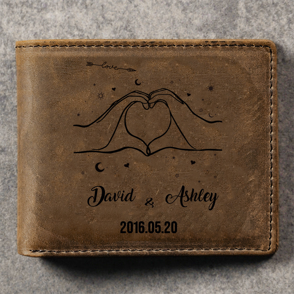 Personalised Leather Wallet Customised 2 Names & Date Wallet Heart Valentine's Day Gifts for Husband/Boyfriend-Jessemade AU