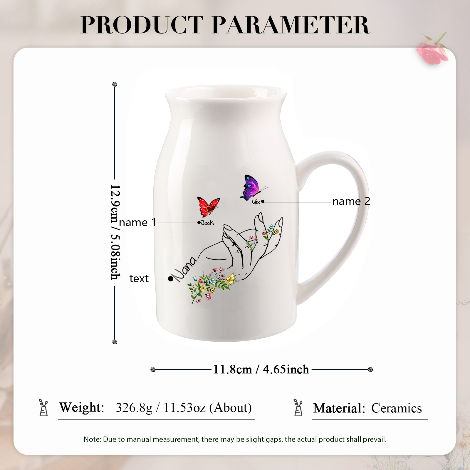 Personalised Ceramic Flower Vase Custom 2–8 Names & 1 Text Butterfly In Hand Vase Gift for Mother/Grandma-Jessemade AU