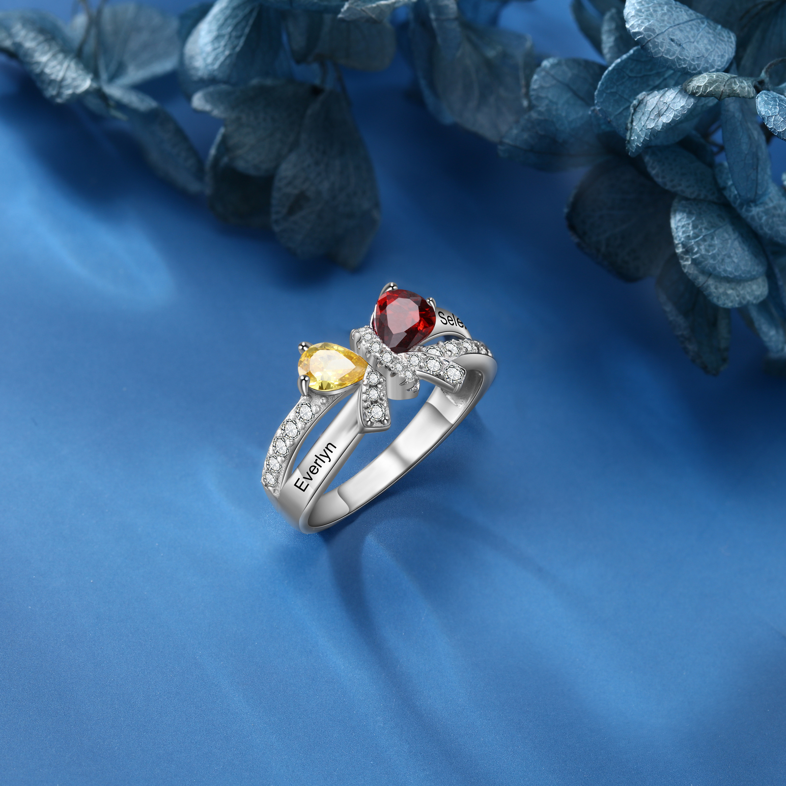 Personalised Butterfly Ring With 2 Birthstones Engraved Names Ring Gifts For Her-Jessemade AU