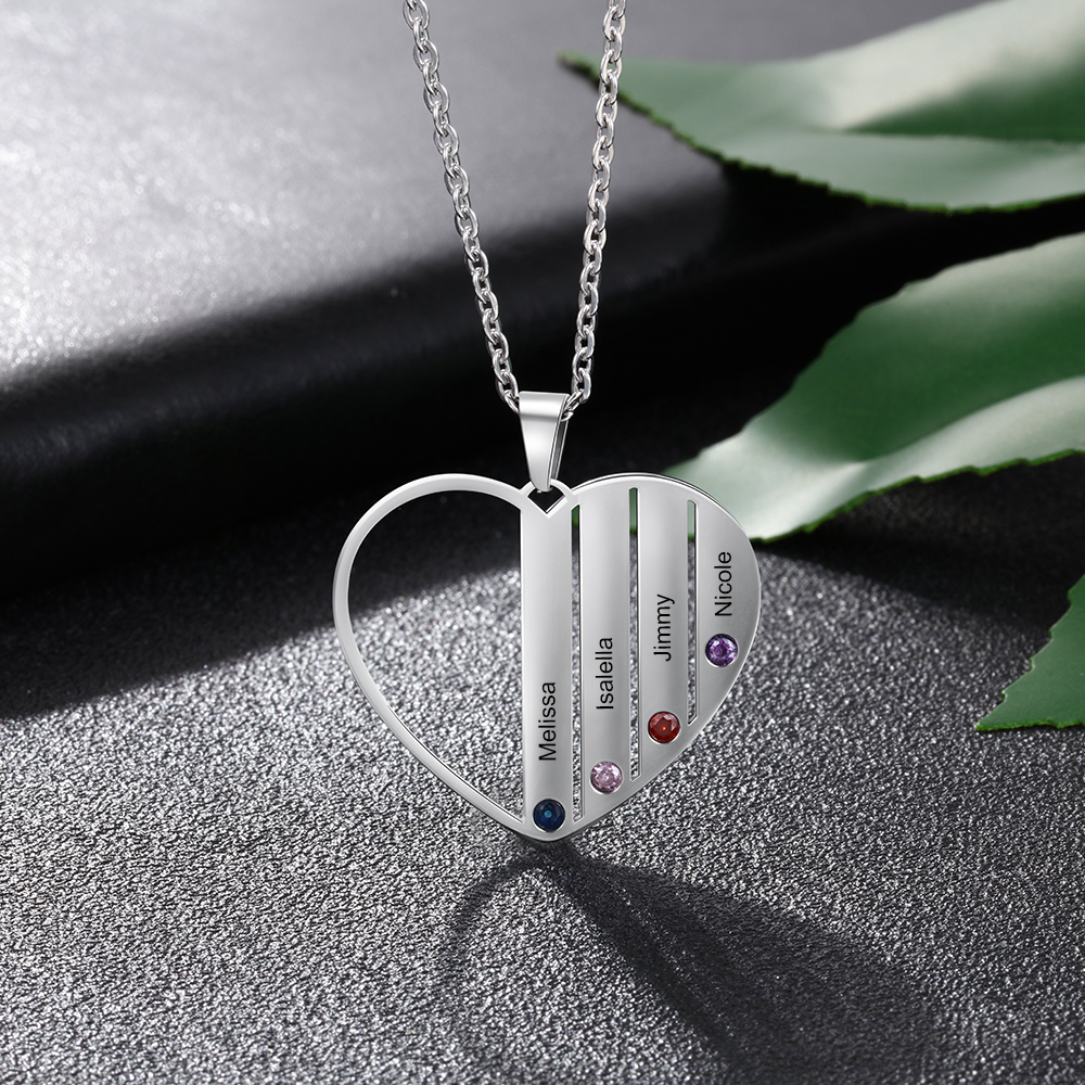 Personalised Heart Necklace With 4 Birthstones Engraved Names Gift For Her-Jessemade AU