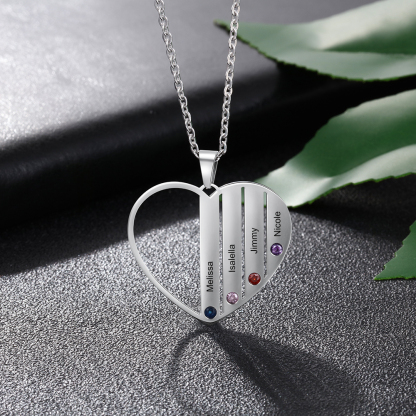 Personalised Heart Necklace With 4 Birthstones Engraved Names Gift For Her-Jessemade AU
