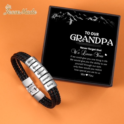 Personalised Braided Leather Bracelet Engraved 5 Names Men's Bracelet Gifts For Him-Jessemade AU