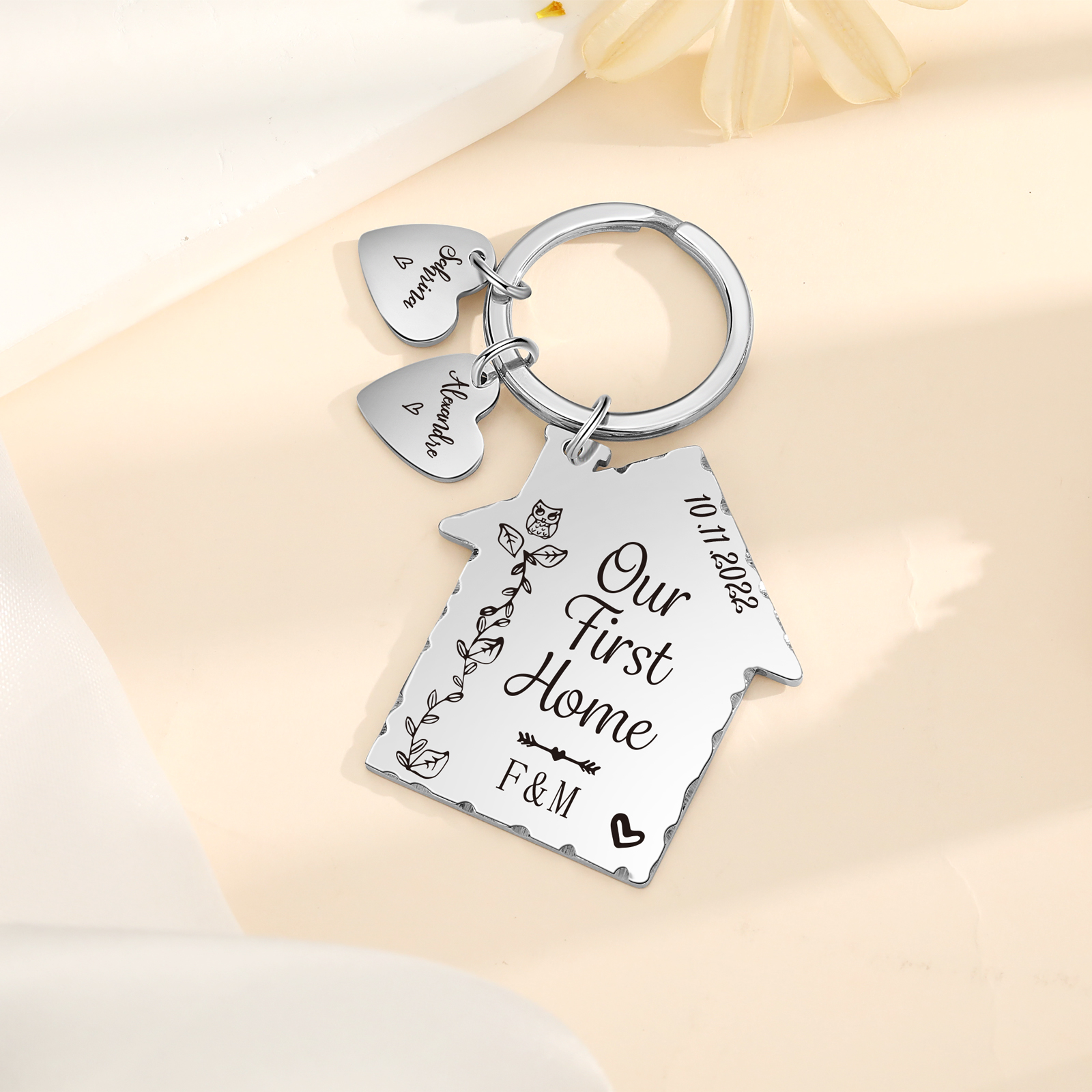 Our First Home Keychain Custom 2 Names & Letters & Date Keyring Stainless Steel Personalised Gift for Couples-Jessemade AU