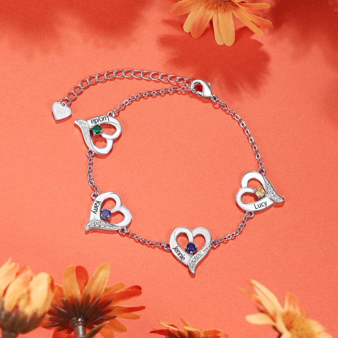 Personalised Heart Bracelet With 2 Birthstones Engraved Names Necklace For Her-Jessemade AU