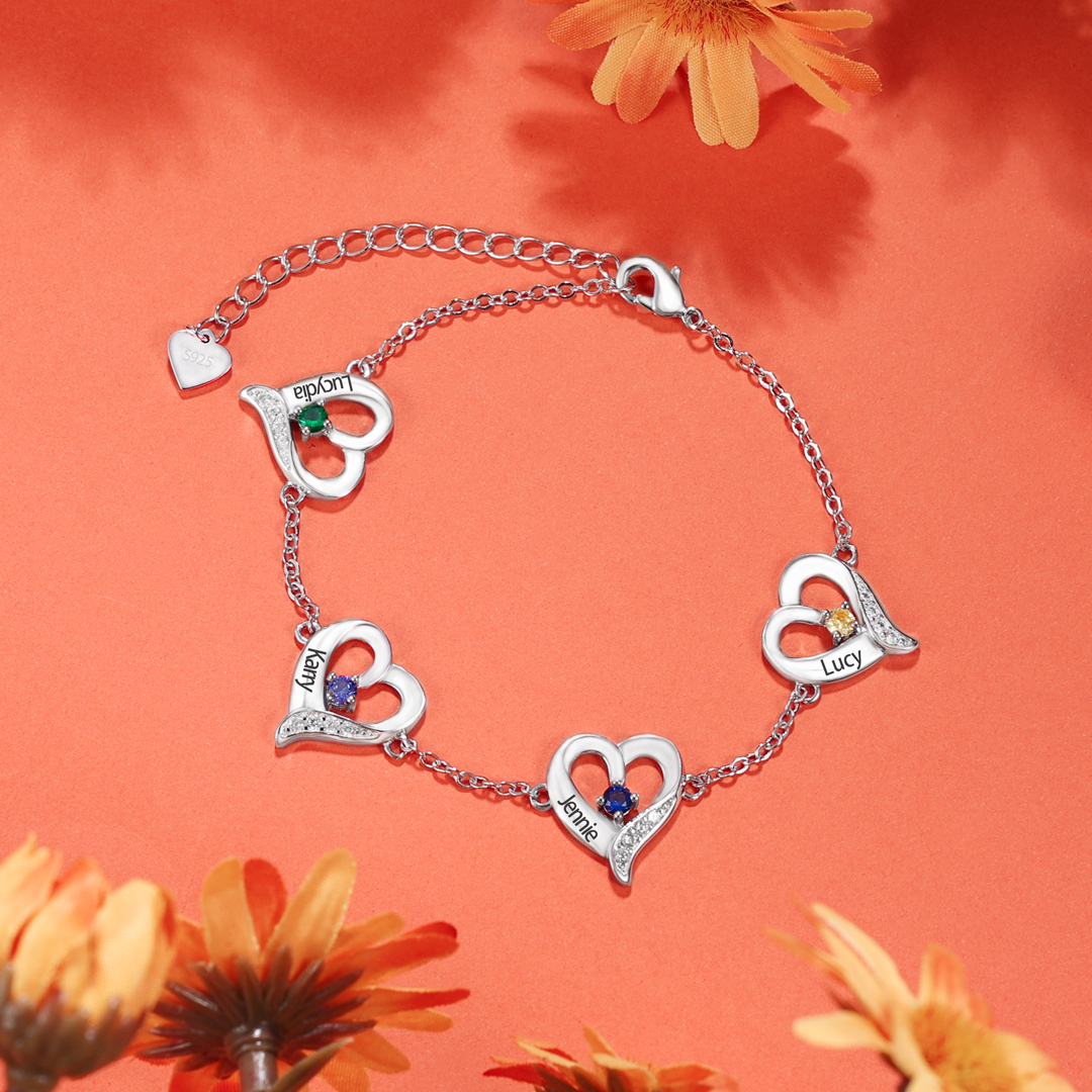 Personalised Heart Bracelet With 4 Birthstones Engraved Names Necklace For Her