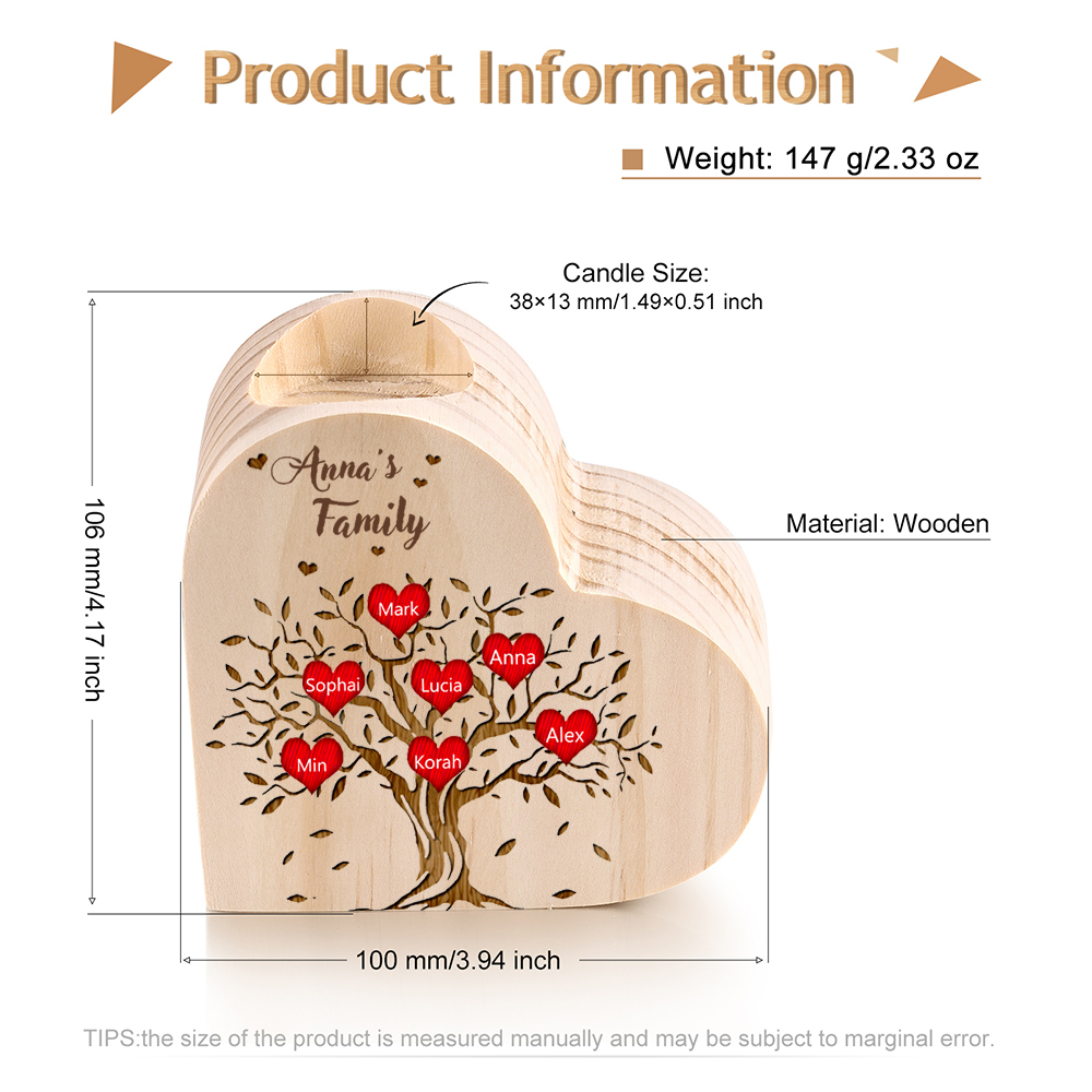 To My Family Wooden Heart Candle Holder Custom 7 Names Family Tree Candlesticks-Jessemade AU