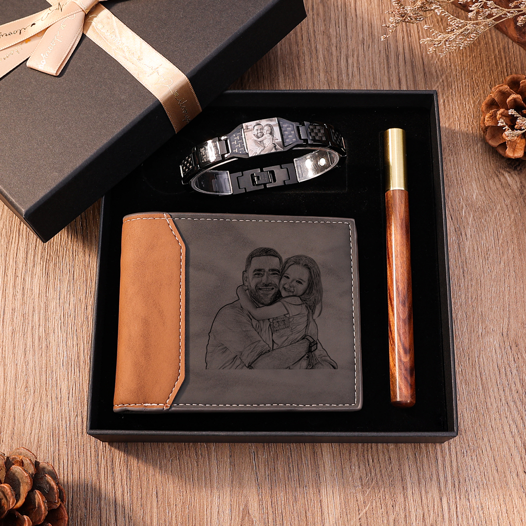 Personalised 2 Photos & 1 Name & 1 Letter Gift Set Custom Wallet & Bracelet & Pen Gift Box Set Father’s Day Gift-Jessemade AU