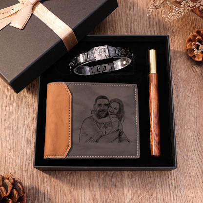 Personalised 2 Photos & 1 Name & 1 Letter Gift Set Custom Wallet & Bracelet & Pen Gift Box Set Father’s Day Gift-Jessemade AU