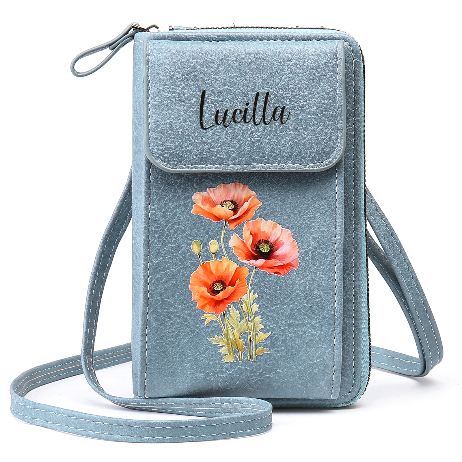 Personalised Women's Leather Wallet Custom Birthday Flower & Name Mobile Phone Wallet Zipper Crossbody Bag