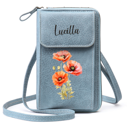 Personalised Women's Leather Wallet Custom Birthday Flower & Name Mobile Phone Wallet Zipper Crossbody Bag