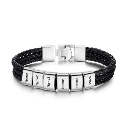 Personalised Braided Leather Bracelet Engraved 6 Names Men's Bracelet Gifts For Him-Jessemade AU