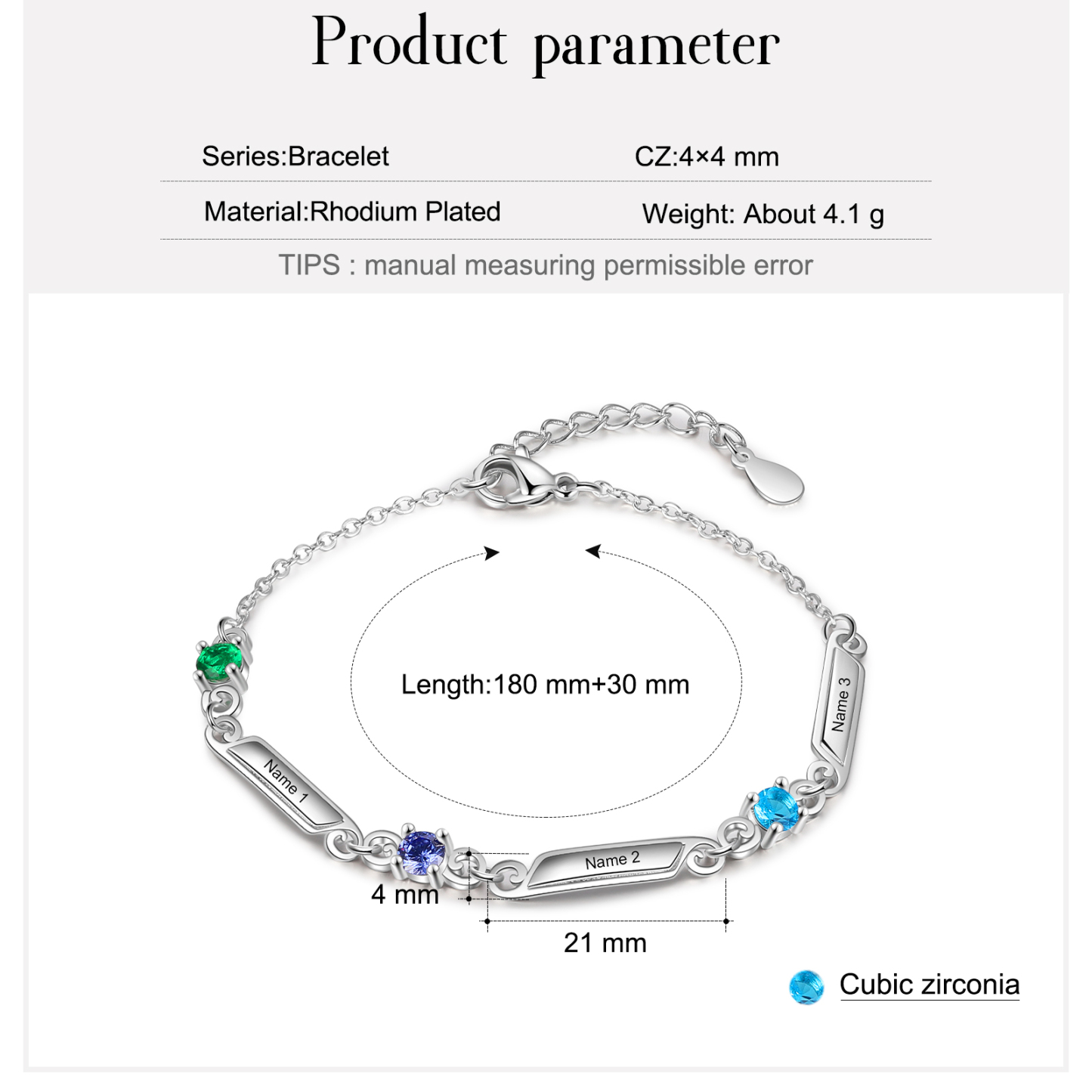 Personalised Family Name Bracelet With 3 Birthstones Engraved Names Gift For Her-Jessemade AU