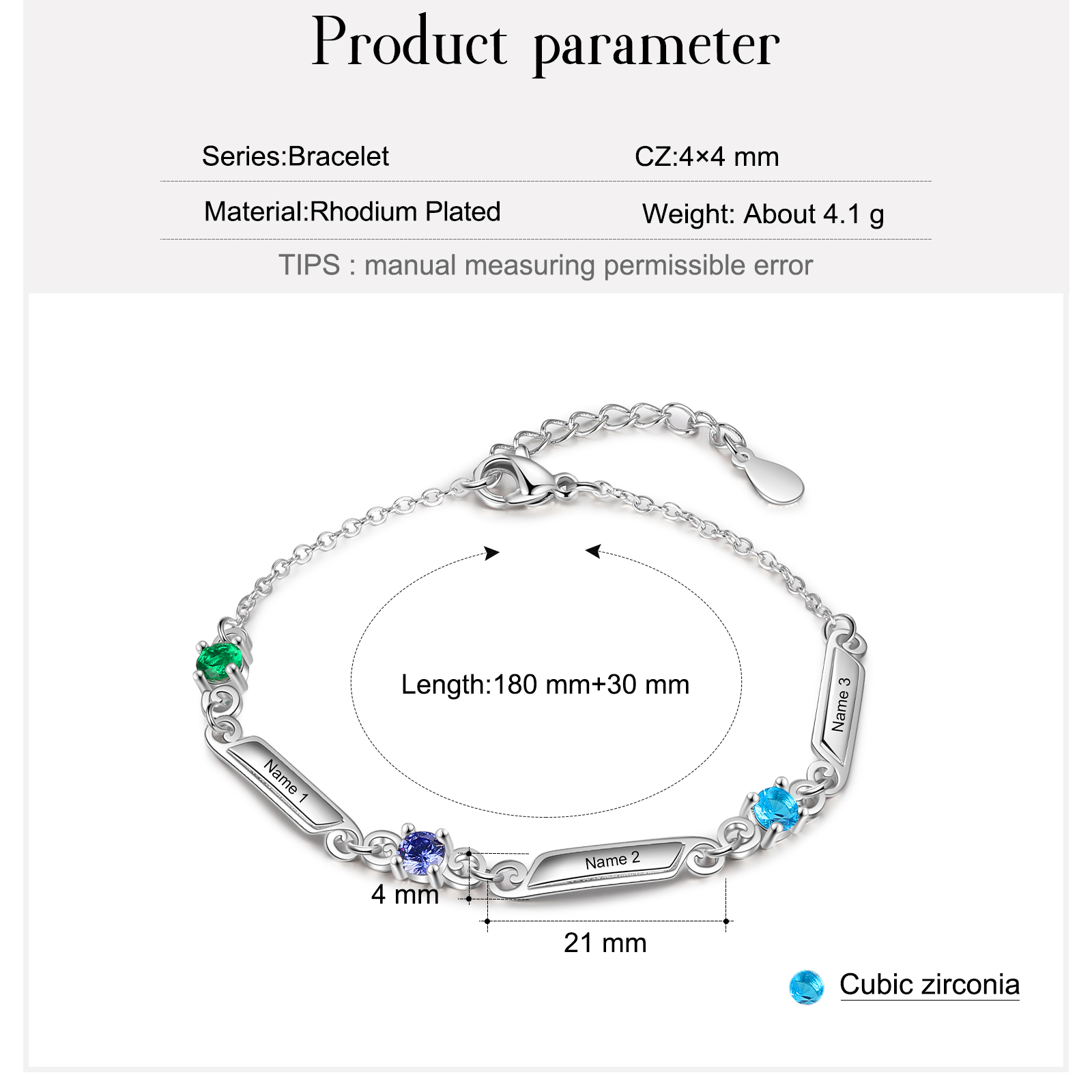 Personalised Family Name Bracelet With 3 Birthstones Engraved Names Gift For Her-Jessemade AU