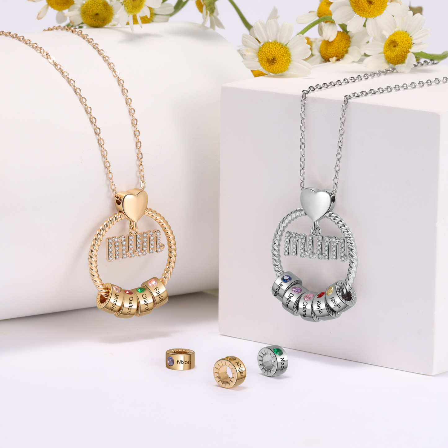 1 Name - Personalised Mum Circle Pendant Necklace Custom Name & Birthstone Necklace Gifts For Mum
