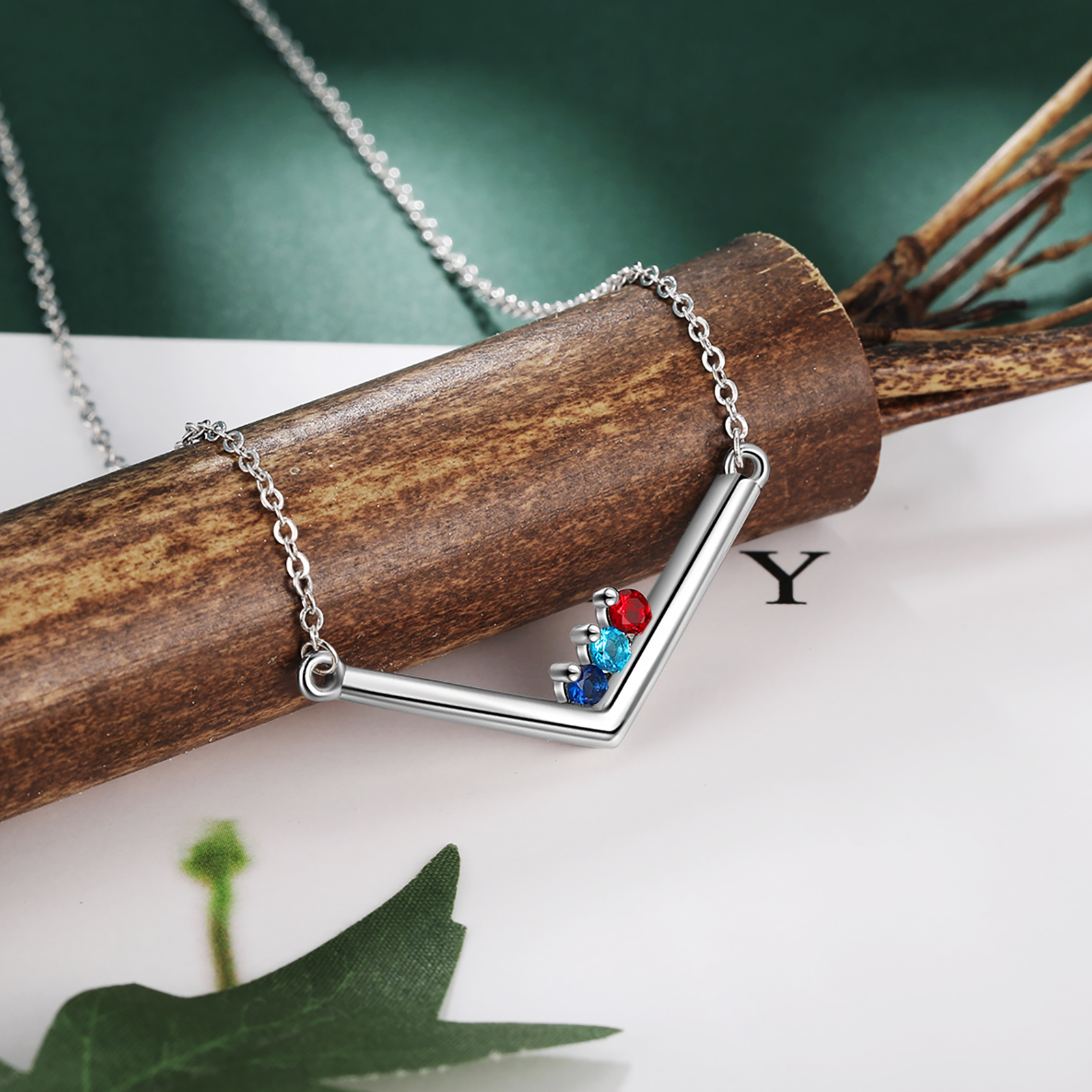 V Shape Necklace with Family Birthstone Personalised 3 Stones Family Necklace For Her-Jessemade AU