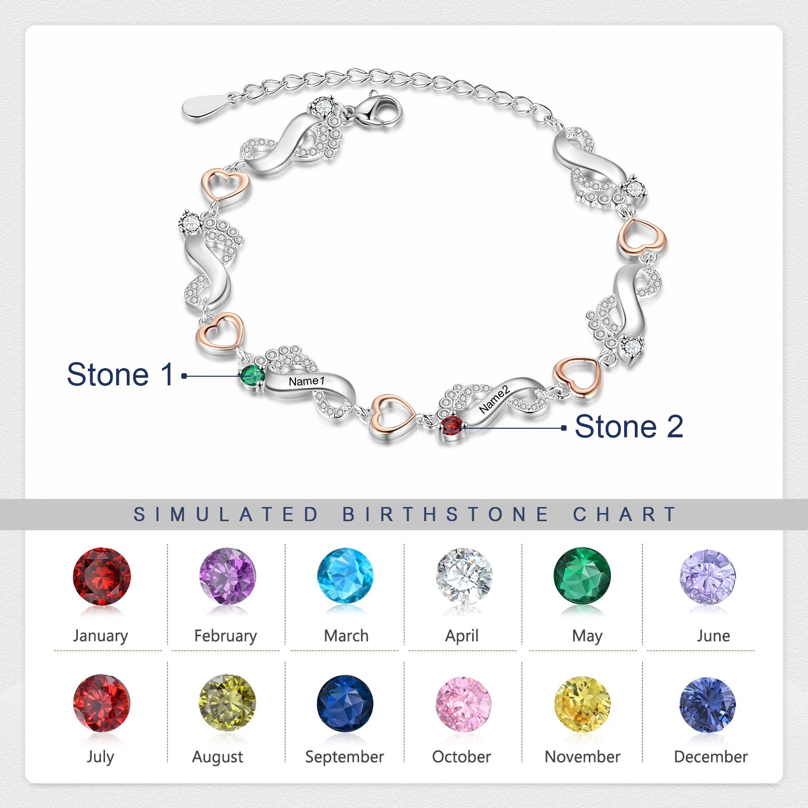 Personalised Baby Feet Bracelet Custom 2 Birthstones Heart Bracelet Gifts For Women-Jessemade AU