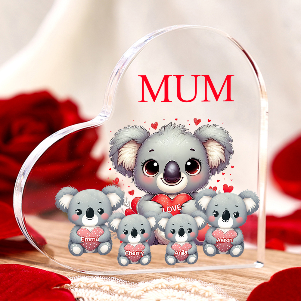 Personalised Acrylic Heart Keepsake Custom 1 Text & 4 Names Ornament Koala Family Gifts for Mother/Grandma-Jessemade AU