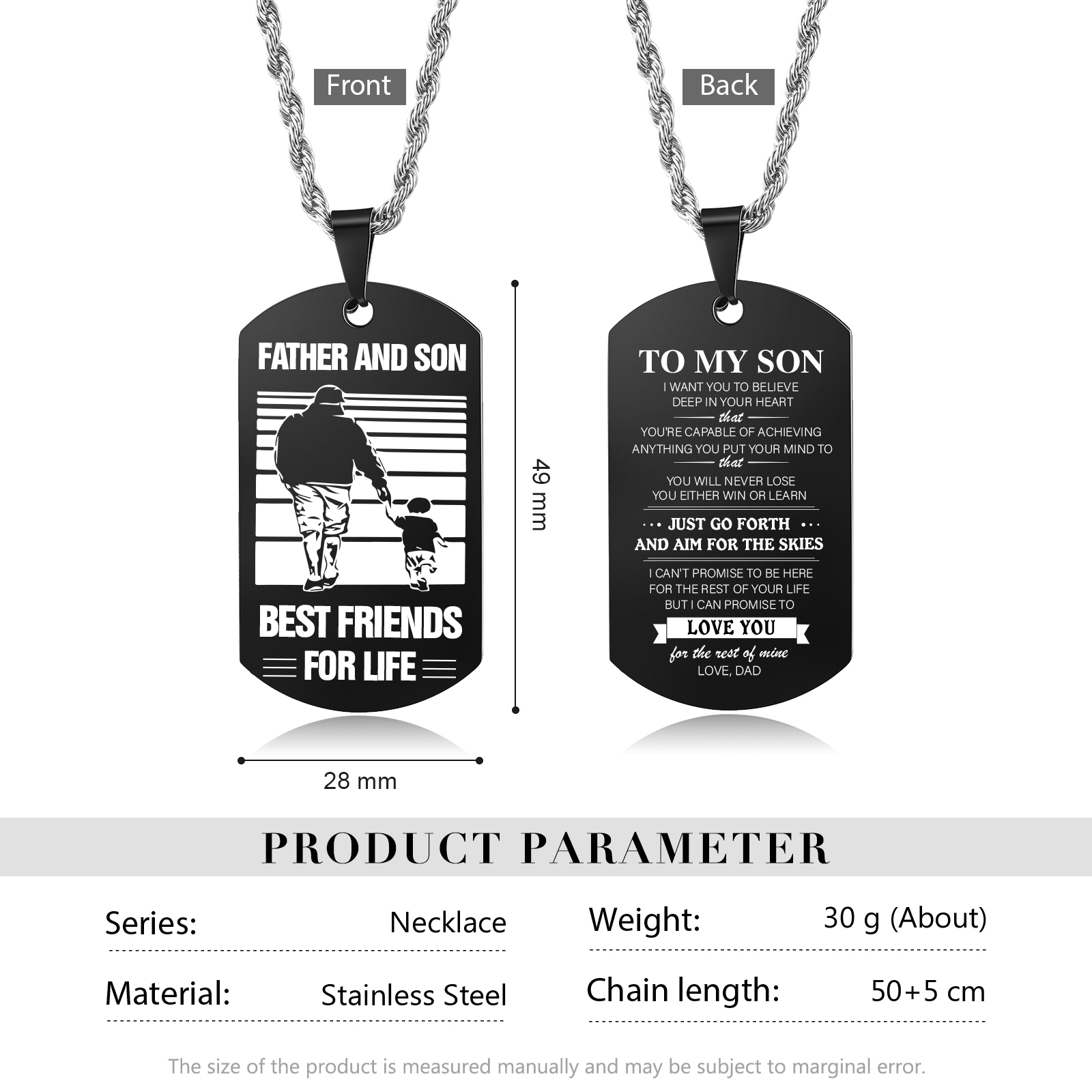 To My Son Dog Tag Necklace Black Double-sided Necklace Dad to Son Family Necklace "Father And Son Best Friends For Life"-Jessemade AU